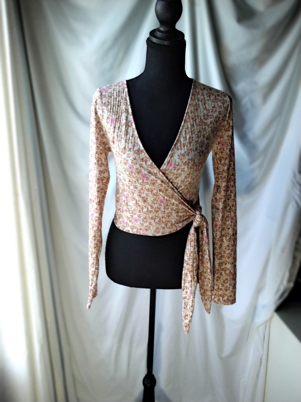 Floral Wrap Tie-Front Blouse in Beige and Pink